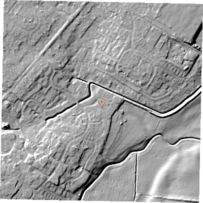 Shaded relief map of the ground around LN69XZ, computed from Environment Agency LiDAR. The ground here sits at about 7 m above sea level and falls 8 m across the surrounding 800 m. Surface water reaching this point runs off ground lying to the south-south-west, 0.9 m higher.