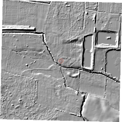 Shaded relief map of the ground around LN76BF, computed from Environment Agency LiDAR. The ground here sits at about 28 m above sea level and falls 10 m across the surrounding 800 m. Surface water reaching this point runs off ground lying to the north-east, 3.6 m higher.