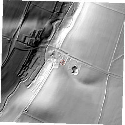 Shaded relief map of the ground around LN76BW, computed from Environment Agency LiDAR. The ground here sits at about 61 m above sea level and falls 43 m across the surrounding 800 m. Surface water reaching this point runs off ground lying to the south-east, 35.3 m higher.