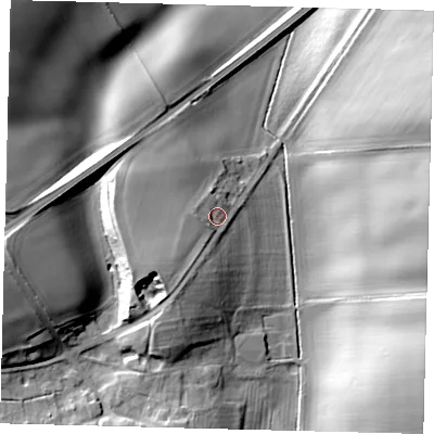 Shaded relief map of the ground around LN76DN, computed from Environment Agency LiDAR. The ground here sits at about 48 m above sea level and falls 29 m across the surrounding 800 m. Surface water reaching this point runs off ground lying to the south-west, 9.4 m higher.