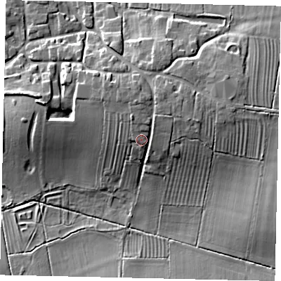 Shaded relief map of the ground around LN76EZ, computed from Environment Agency LiDAR. The ground here sits at about 25 m above sea level and falls 14 m across the surrounding 800 m. Surface water reaching this point runs off ground lying to the north-north-east, 3.4 m higher.