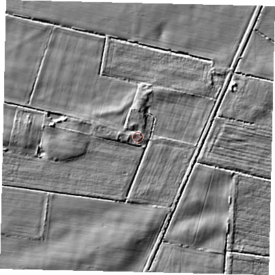 Shaded relief map of the ground around LN76HJ, computed from Environment Agency LiDAR. The ground here sits at about 15 m above sea level and falls 5 m across the surrounding 800 m. Surface water reaching this point runs off ground lying to the west-north-west, 0.9 m higher.