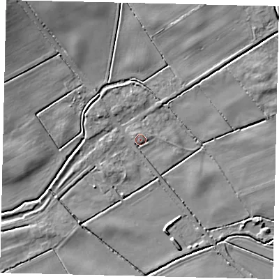 Shaded relief map of the ground around LN76HT, computed from Environment Agency LiDAR. The ground here sits at about 16 m above sea level and falls 10 m across the surrounding 800 m. Surface water reaching this point runs off ground lying to the east-south-east, 2.9 m higher.