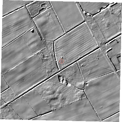 Shaded relief map of the ground around LN76HZ, computed from Environment Agency LiDAR. The ground here sits at about 18 m above sea level and falls 9 m across the surrounding 800 m. Surface water reaching this point runs off ground lying to the north-north-east, 0.8 m higher.