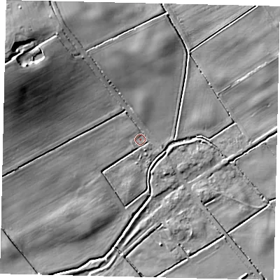 Shaded relief map of the ground around LN76JA, computed from Environment Agency LiDAR. The ground here sits at about 15 m above sea level and falls 20 m across the surrounding 800 m. Surface water reaching this point runs off ground lying to the west-north-west, 17.2 m higher.
