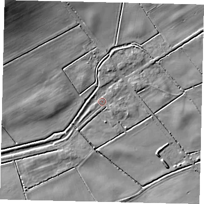 Shaded relief map of the ground around LN76JB, computed from Environment Agency LiDAR. The ground here sits at about 14 m above sea level and falls 18 m across the surrounding 800 m. Surface water reaching this point runs off ground lying to the east-north-east, 3.3 m higher.