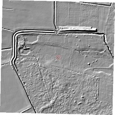 Shaded relief map of the ground around LN76JQ, computed from Environment Agency LiDAR. The ground here sits at about 23 m above sea level and falls 12 m across the surrounding 800 m. Surface water reaching this point runs off ground lying to the south-east, 5.2 m higher.