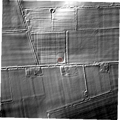 Shaded relief map of the ground around LN76LG, computed from Environment Agency LiDAR. The ground here sits at about 14 m above sea level and falls 13 m across the surrounding 800 m. Surface water reaching this point runs off ground lying to the south-east, 4.3 m higher.