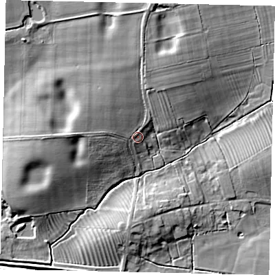 Shaded relief map of the ground around LN76PE, computed from Environment Agency LiDAR. The ground here sits at about 12 m above sea level and falls 11 m across the surrounding 800 m. Surface water reaching this point runs off ground lying to the north, 4.9 m higher.