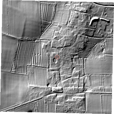 Shaded relief map of the ground around LN76PH, computed from Environment Agency LiDAR. The ground here sits at about 14 m above sea level and falls 17 m across the surrounding 800 m. Surface water reaching this point runs off ground lying to the south-south-east, 9.5 m higher.