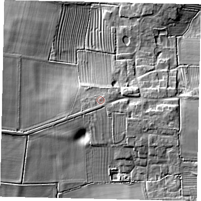 Shaded relief map of the ground around LN76PN, computed from Environment Agency LiDAR. The ground here sits at about 20 m above sea level and falls 15 m across the surrounding 800 m. Surface water reaching this point runs off ground lying to the south, 1.5 m higher.