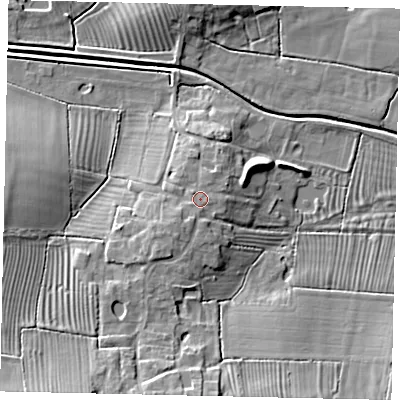 Shaded relief map of the ground around LN76PQ, computed from Environment Agency LiDAR. The ground here sits at about 13 m above sea level and falls 12 m across the surrounding 800 m. Surface water reaching this point runs off ground lying to the south-west, 1.3 m higher.