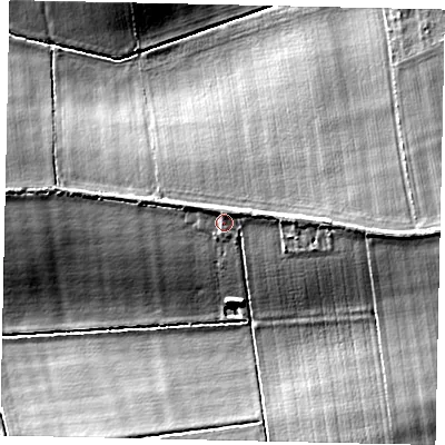 Shaded relief map of the ground around LN76PU, computed from Environment Agency LiDAR. The ground here sits at about 17 m above sea level and falls 15 m across the surrounding 800 m. Surface water reaching this point runs off ground lying to the east-north-east, 1.8 m higher.