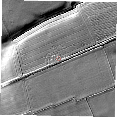 Shaded relief map of the ground around LN82AD, computed from Environment Agency LiDAR. The ground here sits at about 39 m above sea level and falls 14 m across the surrounding 800 m. Surface water reaching this point runs off ground lying to the west-south-west, 4.4 m higher.