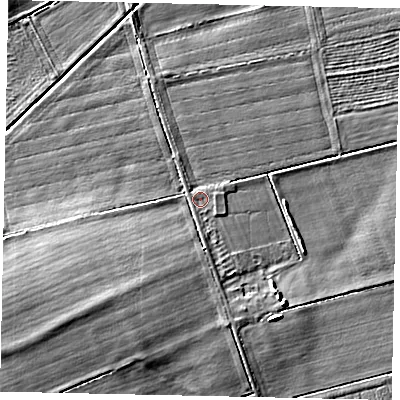 Shaded relief map of the ground around LN82AH, computed from Environment Agency LiDAR. The ground here sits at about 7 m above sea level and falls 7 m across the surrounding 800 m. Surface water reaching this point runs off ground lying to the south-west, 4.0 m higher.