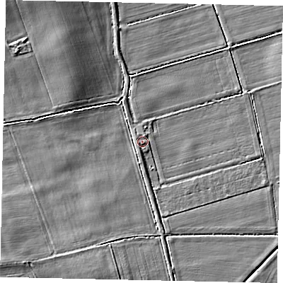 Shaded relief map of the ground around LN82AJ, computed from Environment Agency LiDAR. The ground here sits at about 6 m above sea level and falls 10 m across the surrounding 800 m. Surface water reaching this point runs off ground lying to the south, 1.4 m higher.