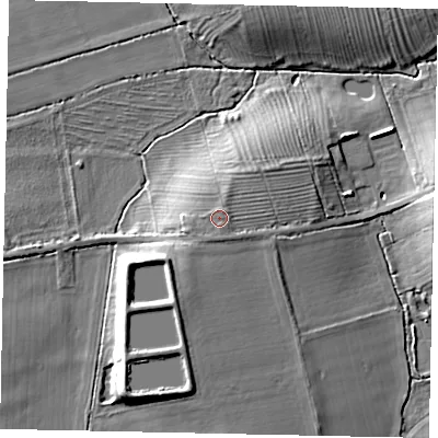 Shaded relief map of the ground around LN82AN, computed from Environment Agency LiDAR. The ground here sits at about 21 m above sea level and falls 12 m across the surrounding 800 m. Surface water reaching this point runs off ground lying to the south-south-west, 0.8 m higher.