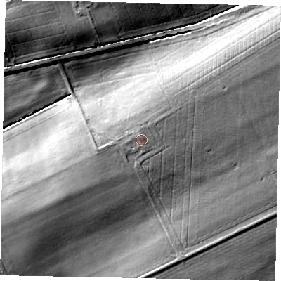 Shaded relief map of the ground around LN82AP, computed from Environment Agency LiDAR. The ground here sits at about 42 m above sea level and falls 20 m across the surrounding 800 m. Surface water reaching this point runs off ground lying to the west-south-west, 1.2 m higher.