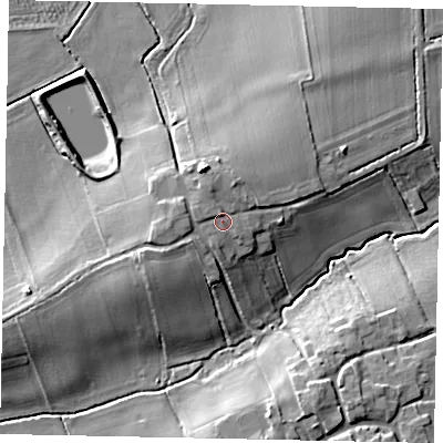 Shaded relief map of the ground around LN82BJ, computed from Environment Agency LiDAR. The ground here sits at about 25 m above sea level and falls 13 m across the surrounding 800 m. Surface water reaching this point runs off ground lying to the west-north-west, 1.6 m higher.