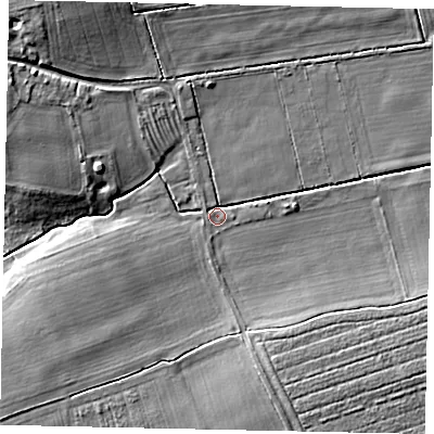 Shaded relief map of the ground around LN82DA, computed from Environment Agency LiDAR. The ground here sits at about 17 m above sea level and falls 10 m across the surrounding 800 m. Surface water reaching this point runs off ground lying to the south-west, 8.9 m higher.