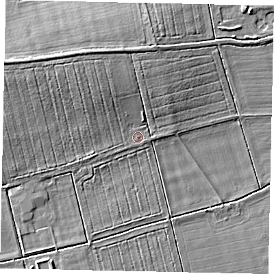 Shaded relief map of the ground around LN82DR, computed from Environment Agency LiDAR. The ground here sits at about 15 m above sea level and falls 8 m across the surrounding 800 m. Surface water reaching this point runs off ground lying to the north-west, 5.0 m higher.