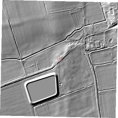 Shaded relief map of the ground around LN82DW, computed from Environment Agency LiDAR. The ground here sits at about 20 m above sea level and falls 7 m across the surrounding 800 m. Surface water reaching this point runs off ground lying to the south, 0.6 m higher.