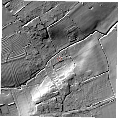 Shaded relief map of the ground around LN82EP, computed from Environment Agency LiDAR. The ground here sits at about 12 m above sea level and falls 14 m across the surrounding 800 m. Surface water reaching this point runs off ground lying to the south-south-east, 9.9 m higher.