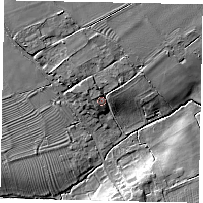 Shaded relief map of the ground around LN82ER, computed from Environment Agency LiDAR. The ground here sits at about 19 m above sea level and falls 14 m across the surrounding 800 m. Surface water reaching this point runs off ground lying to the north-west, 5.4 m higher.