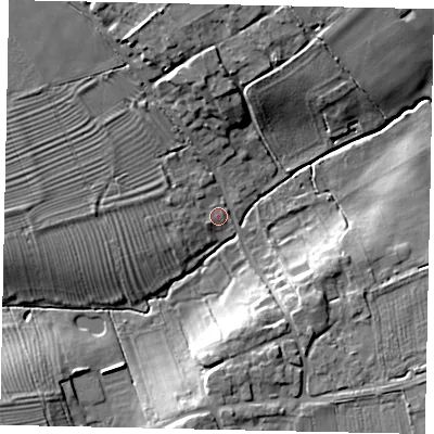 Shaded relief map of the ground around LN82EU, computed from Environment Agency LiDAR. The ground here sits at about 13 m above sea level and falls 14 m across the surrounding 800 m. Surface water reaching this point runs off ground lying to the west, 3.5 m higher.