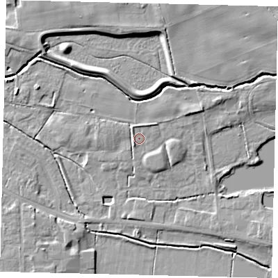 Shaded relief map of the ground around LN83BD, computed from Environment Agency LiDAR. The ground here sits at about 27 m above sea level and falls 9 m across the surrounding 800 m. Surface water reaching this point runs off ground lying to the north-east, 1.2 m higher.