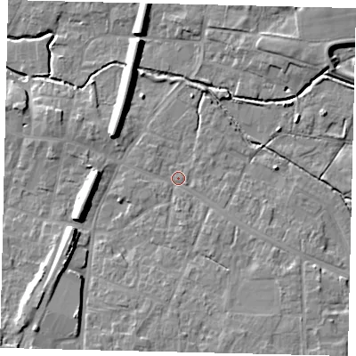 Shaded relief map of the ground around LN83DN, computed from Environment Agency LiDAR. The ground here sits at about 25 m above sea level and falls 11 m across the surrounding 800 m. Surface water reaching this point runs off ground lying to the south-south-east, 4.2 m higher.