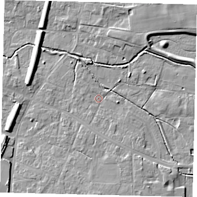 Shaded relief map of the ground around LN83DT, computed from Environment Agency LiDAR. The ground here sits at about 24 m above sea level and falls 9 m across the surrounding 800 m. Surface water reaching this point runs off ground lying to the south-south-east, 2.5 m higher.