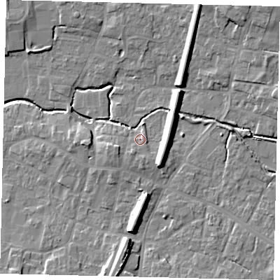 Shaded relief map of the ground around LN83EP, computed from Environment Agency LiDAR. The ground here sits at about 25 m above sea level and falls 12 m across the surrounding 800 m. Surface water reaching this point runs off ground lying to the south-south-west, 2.6 m higher.