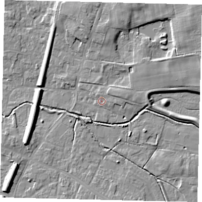 Shaded relief map of the ground around LN83ER, computed from Environment Agency LiDAR. The ground here sits at about 26 m above sea level and falls 10 m across the surrounding 800 m. Surface water reaching this point runs off ground lying to the east, 3.5 m higher.