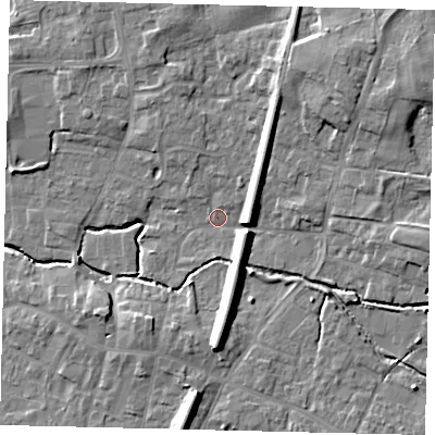 Shaded relief map of the ground around LN83ES, computed from Environment Agency LiDAR. The ground here sits at about 23 m above sea level and falls 11 m across the surrounding 800 m. Surface water reaching this point runs off ground lying to the south, 8.6 m higher.