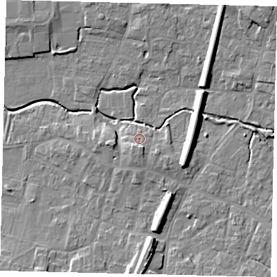 Shaded relief map of the ground around LN83ET, computed from Environment Agency LiDAR. The ground here sits at about 25 m above sea level and falls 12 m across the surrounding 800 m. Surface water reaching this point runs off ground lying to the south, 2.4 m higher.