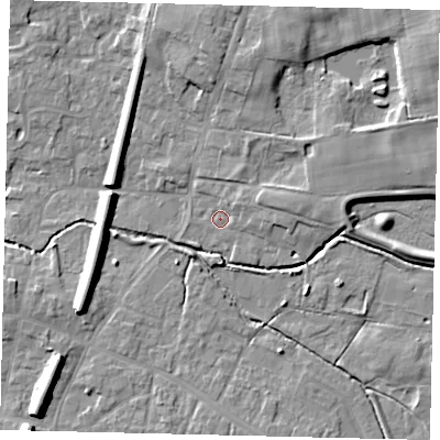 Shaded relief map of the ground around LN83EU, computed from Environment Agency LiDAR. The ground here sits at about 24 m above sea level and falls 11 m across the surrounding 800 m. Surface water reaching this point runs off ground lying to the east, 4.4 m higher.