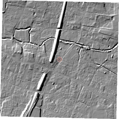 Shaded relief map of the ground around LN83EW, computed from Environment Agency LiDAR. The ground here sits at about 24 m above sea level and falls 11 m across the surrounding 800 m. Surface water reaching this point runs off ground lying to the west-south-west, 7.1 m higher.