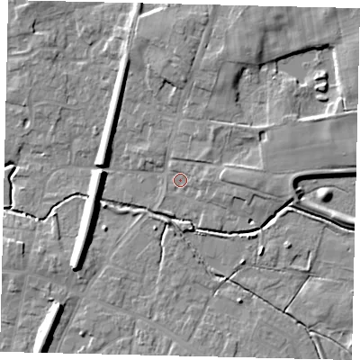 Shaded relief map of the ground around LN83EX, computed from Environment Agency LiDAR. The ground here sits at about 24 m above sea level and falls 11 m across the surrounding 800 m. Surface water reaching this point runs off ground lying to the east, 2.3 m higher.