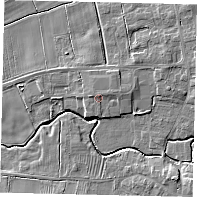 Shaded relief map of the ground around LN83HA, computed from Environment Agency LiDAR. The ground here sits at about 24 m above sea level and falls 9 m across the surrounding 800 m. Surface water reaching this point runs off ground lying to the west, 1.1 m higher.