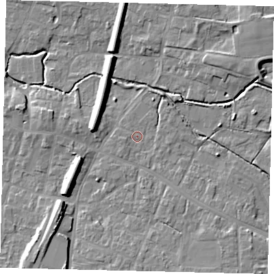 Shaded relief map of the ground around LN83HE, computed from Environment Agency LiDAR. The ground here sits at about 24 m above sea level and falls 11 m across the surrounding 800 m. Surface water reaching this point runs off ground lying to the south-east, 3.8 m higher.