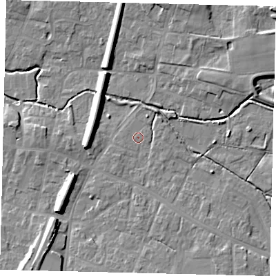 Shaded relief map of the ground around LN83HG, computed from Environment Agency LiDAR. The ground here sits at about 24 m above sea level and falls 11 m across the surrounding 800 m. Surface water reaching this point runs off ground lying to the south-south-east, 3.6 m higher.