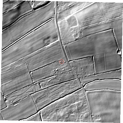 Shaded relief map of the ground around LN83JB, computed from Environment Agency LiDAR. The ground here sits at about 23 m above sea level and falls 13 m across the surrounding 800 m. Surface water reaching this point runs off ground lying to the north, 3.4 m higher.