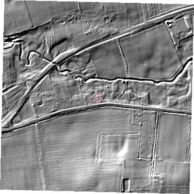 Shaded relief map of the ground around LN83JR, computed from Environment Agency LiDAR. The ground here sits at about 21 m above sea level and falls 16 m across the surrounding 800 m. Surface water reaching this point runs off ground lying to the south-south-east, 1.7 m higher.