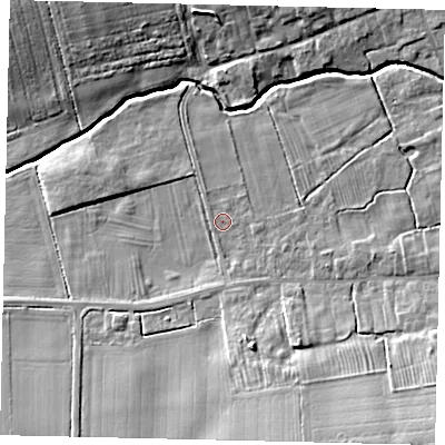 Shaded relief map of the ground around LN83JY, computed from Environment Agency LiDAR. The ground here sits at about 17 m above sea level and falls 13 m across the surrounding 800 m. Surface water reaching this point runs off ground lying to the south, 1.9 m higher.