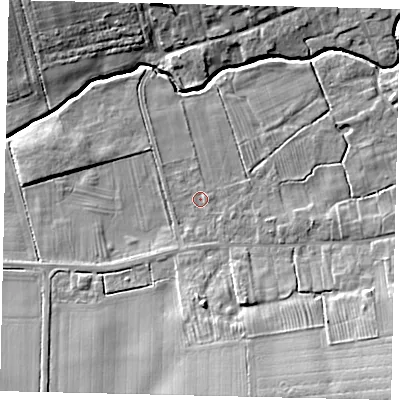 Shaded relief map of the ground around LN83LA, computed from Environment Agency LiDAR. The ground here sits at about 17 m above sea level and falls 14 m across the surrounding 800 m. Surface water reaching this point runs off ground lying to the south, 6.8 m higher.
