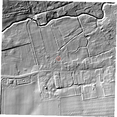 Shaded relief map of the ground around LN83LD, computed from Environment Agency LiDAR. The ground here sits at about 18 m above sea level and falls 15 m across the surrounding 800 m. Surface water reaching this point runs off ground lying to the south-east, 11.4 m higher.