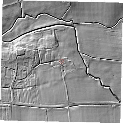 Shaded relief map of the ground around LN83LP, computed from Environment Agency LiDAR. The ground here sits at about 18 m above sea level and falls 10 m across the surrounding 800 m. Surface water reaching this point runs off ground lying to the north-west, 0.6 m higher.