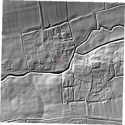 Shaded relief map of the ground around LN83LS, computed from Environment Agency LiDAR. The ground here sits at about 13 m above sea level and falls 10 m across the surrounding 800 m. Surface water reaching this point runs off ground lying to the south, 0.7 m higher.