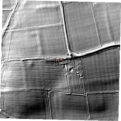 Shaded relief map of the ground around LN83LU, computed from Environment Agency LiDAR. The ground here sits at about 20 m above sea level and falls 12 m across the surrounding 800 m. Surface water reaching this point runs off ground lying to the east-north-east, 1.7 m higher.